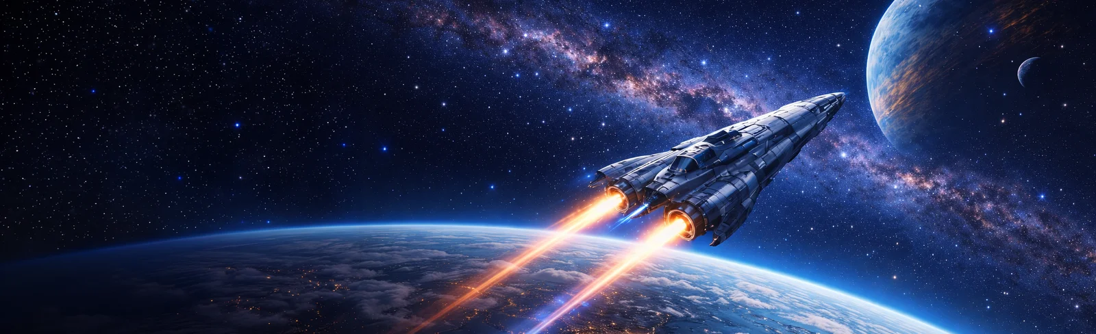 Detailreiche Illustration eines Sci-Fi-Raumschiffs im Flug, umgeben von kosmischen Gasnebeln und funkelnden Sternen.